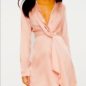 Nude Satin Long Sleeve Wrap Dress